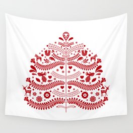 Red Scandinavian Folk Art Christmas Tree Wall Tapestry