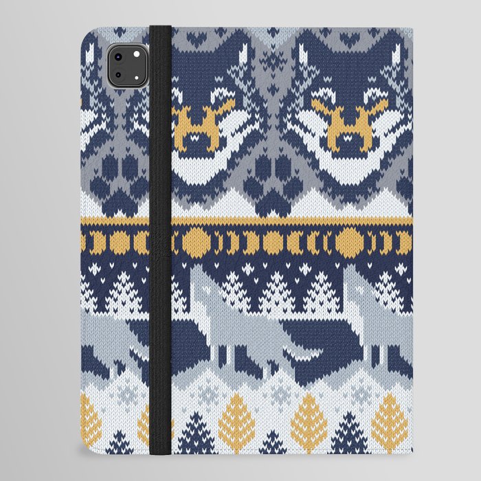 Fair isle knitting grey wolf // navy blue and grey wolves yellow moons and pine trees iPad Folio Case