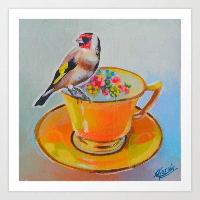 goldfinch and yellow tea cup Art Print