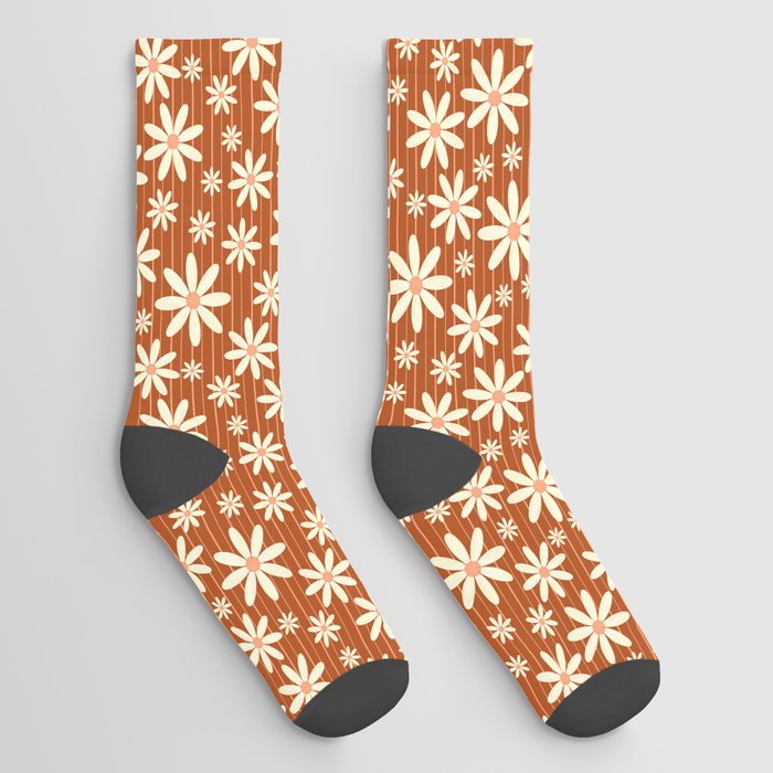 Retro Groovy Daisy Flower Power Vintage Boho Pattern with Stripes in Terracotta, Clay, Rust Socks