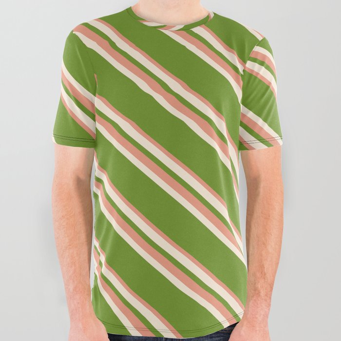 Beige, Green & Dark Salmon Colored Striped/Lined Pattern All Over Graphic Tee