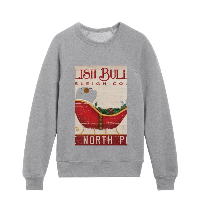 english bulldog, dog, sleigh, holidays, christmas, santa, winter, art, illustration, decor, etsy, geministudio Kids Crewneck