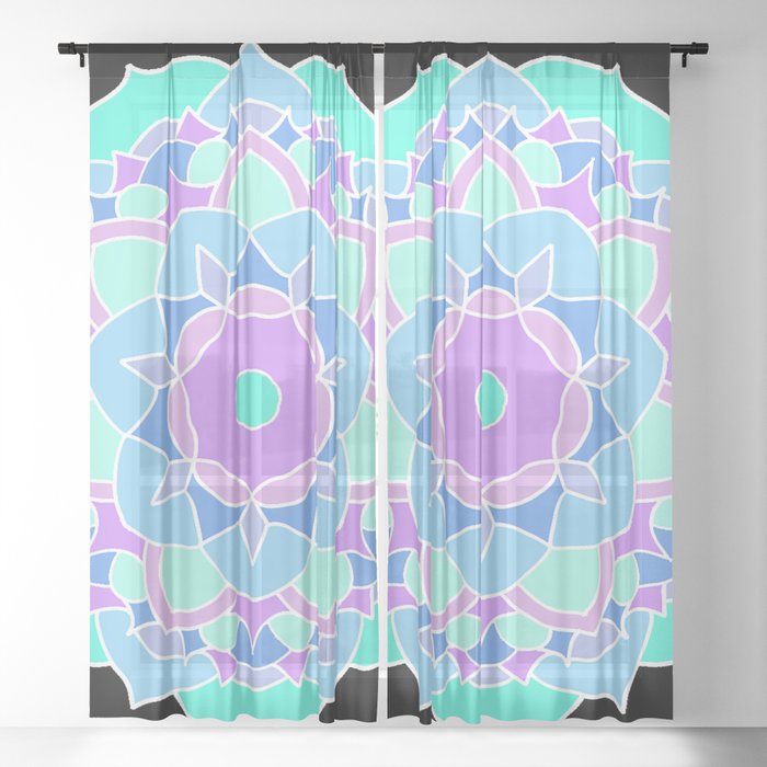 White outline teal and purple mandala Sheer Curtain