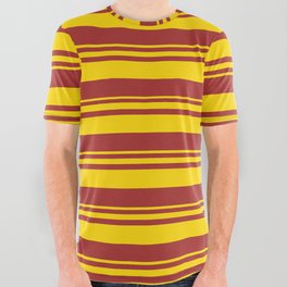 [ Thumbnail: Yellow and Brown Colored Stripes/Lines Pattern All Over Graphic Tee ]