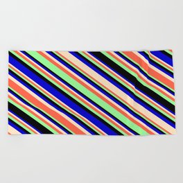 [ Thumbnail: Eye-catching Blue, Bisque, Red, Green, and Black Colored Lines/Stripes Pattern Beach Towel ]
