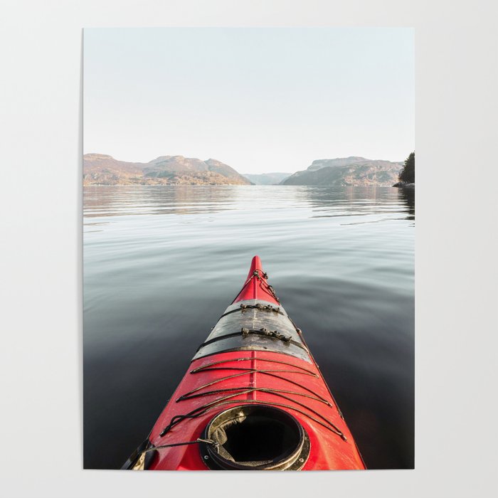 Travel Photography Art Print | The Red Kayak Europe Photo | Mountain Lake In Norway Nature Seascape Poster