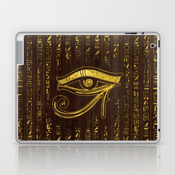 Golden Egyptian Eye of Horus  and hieroglyphics on wood Laptop & iPad Skin