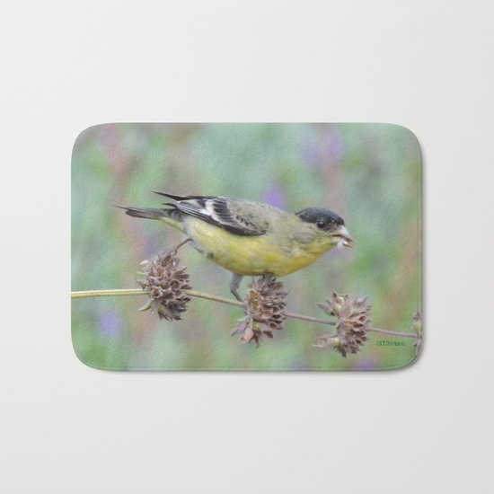Lesser Goldfinch Snacks on Seeds Bath Mat