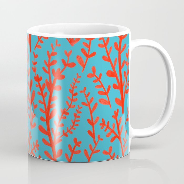 Turquoise and Red Leaves Pattern Coffee Mug