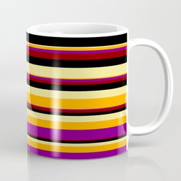 [ Thumbnail: Tan, Orange, Purple, Maroon, and Black Colored Striped/Lined Pattern Coffee Mug ]