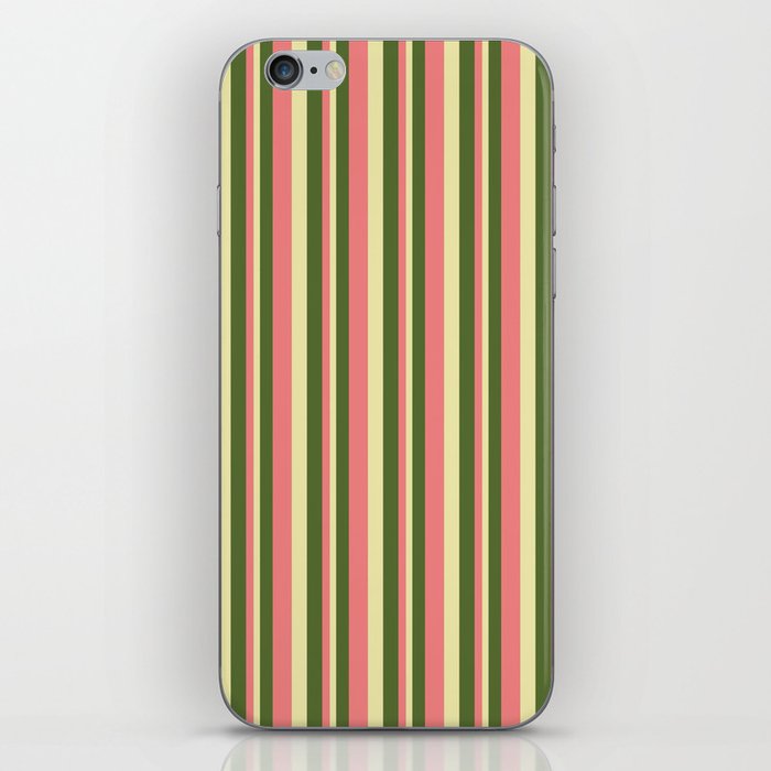 Dark Olive Green, Light Coral, and Pale Goldenrod Colored Lined/Striped Pattern iPhone Skin