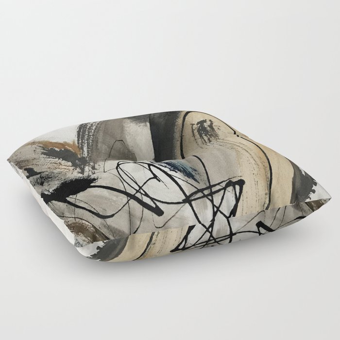 Drift [5]: a neutral abstract mixed media piece in black, white, gray, brown Floor Pillow