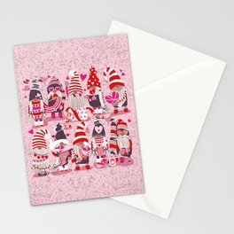 I gnome you more // pastel pink background red and pink Valentine's Day gnomes and motifs Stationery Card