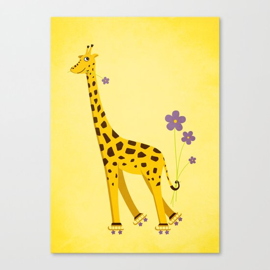 Yellow Funny Roller Skating Giraffe Canvas Print