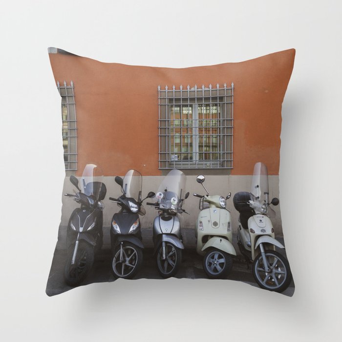 Vespas at the Orange Wall  |  Travel Photography Throw Pillow