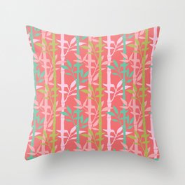 BAMBOO FOREST Tropical Plants Vertical Stripes in Pink Green Turquoise on Red - UnBlink Studio by Jackie Tahara Throw Pillow