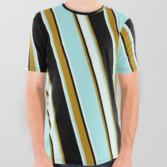 Black, Dark Goldenrod, Turquoise & Mint Cream Colored Lined Pattern All Over Graphic Tee