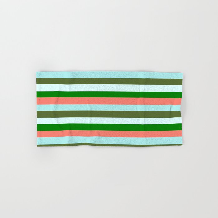 Eyecatching Salmon, Turquoise, Dark Olive Green, Light Cyan & Green Colored Lines/Stripes Pattern Hand & Bath Towel