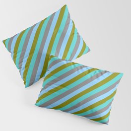 [ Thumbnail: Grey, Light Sky Blue, Green, and Turquoise Colored Pattern of Stripes Pillow Sham ]