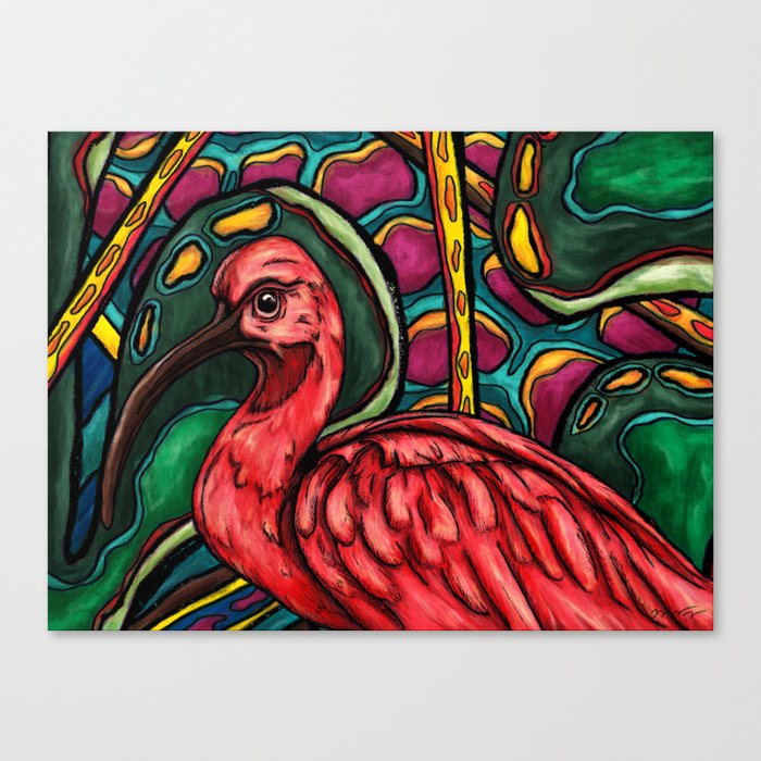 Scarlet ibis painting, red tropical bird in jungle Canvas Print