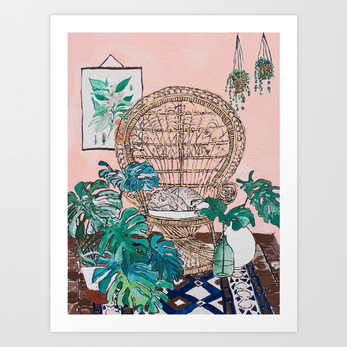Napping Tabby Cat in Cane Peacock Chair in Tropical Jungle Room Art Print