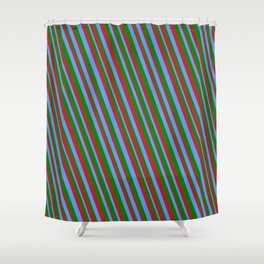 [ Thumbnail: Cornflower Blue, Green & Red Colored Stripes Pattern Shower Curtain ]