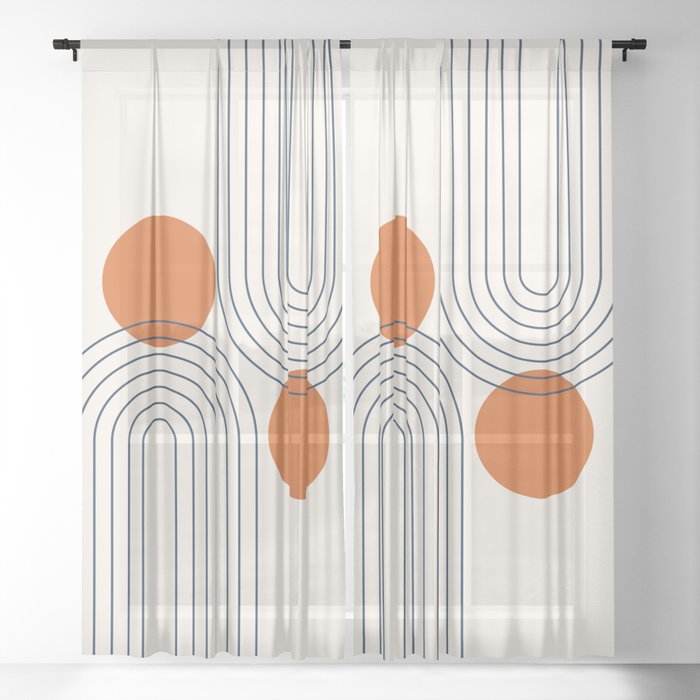 Mid Century Modern Geometric 88 in Navy Blue and Orange (Rainbow and Sun Abstraction) Sheer Curtain