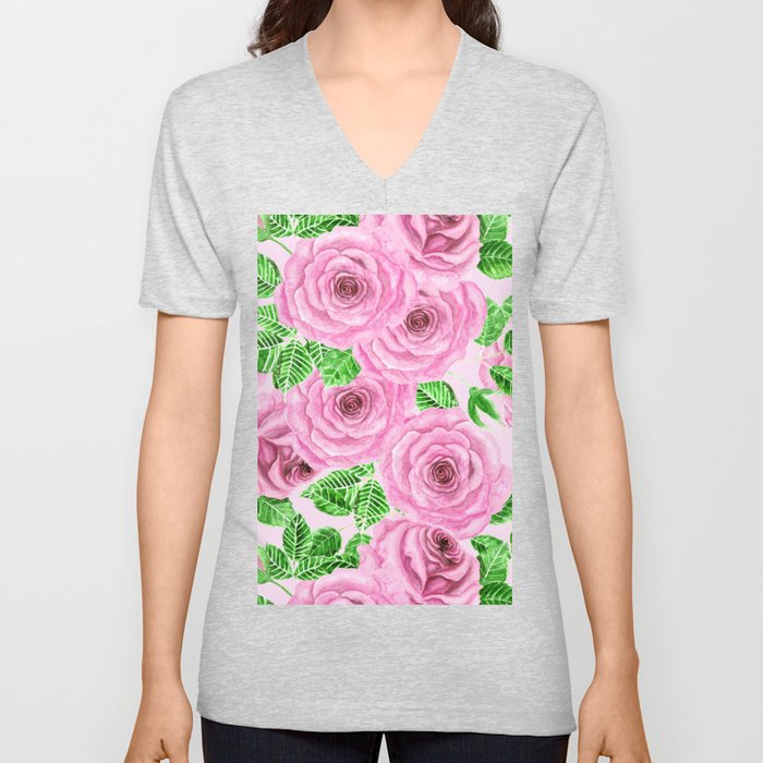 Pink watercolor roses with leaves and buds pattern V Neck T Shirt