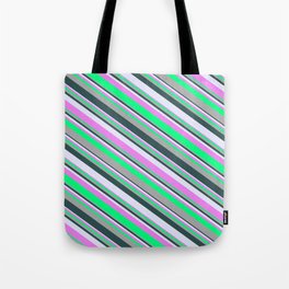[ Thumbnail: Eyecatching Dark Gray, Dark Slate Gray, Lavender, Violet, and Green Colored Striped Pattern Tote Bag ]
