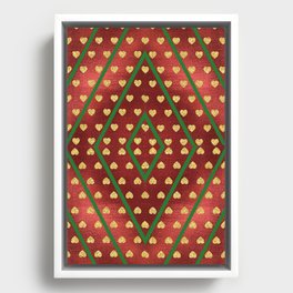 Gold Hearts on a Red Shiny Background with Green Diamond Lines Framed Canvas