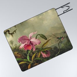 Orchids And Hummingbirds mountainous rainforest landscape painting by Martin Johnson Heade Picnic Blanket