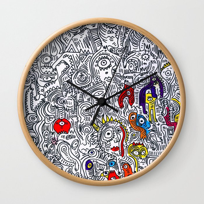 Pattern Doddle Hand Drawn  Black and White Colors Street Art Wall Clock