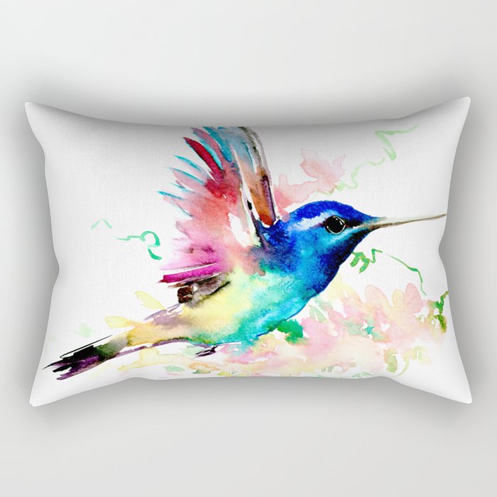 Hummingbird , Blue Turquoise Pink Rectangular Pillow