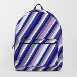 [ Thumbnail: Slate Gray, Plum, Light Cyan, Dark Slate Blue, and Dark Blue Colored Lined/Striped Pattern Backpack ]