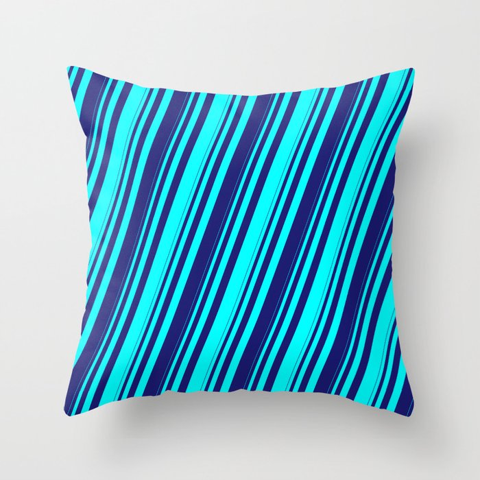 Cyan & Midnight Blue Colored Stripes/Lines Pattern Throw Pillow