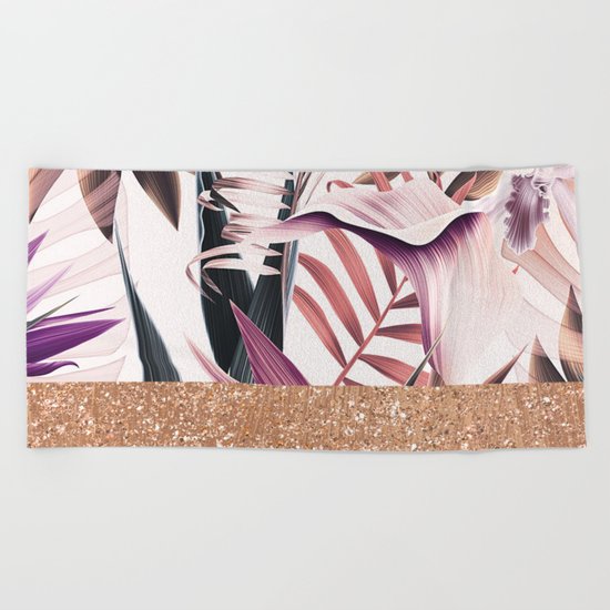 Magenta floral rose gold Beach Towel