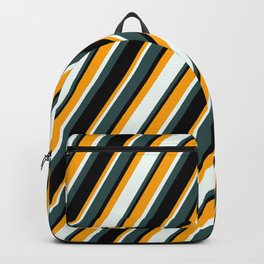[ Thumbnail: Orange, Mint Cream, Dark Slate Gray, and Black Colored Lined/Striped Pattern Backpack ]