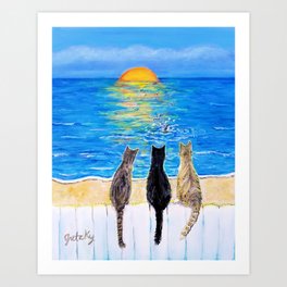 Cat Beach Sunset 2 Art Print