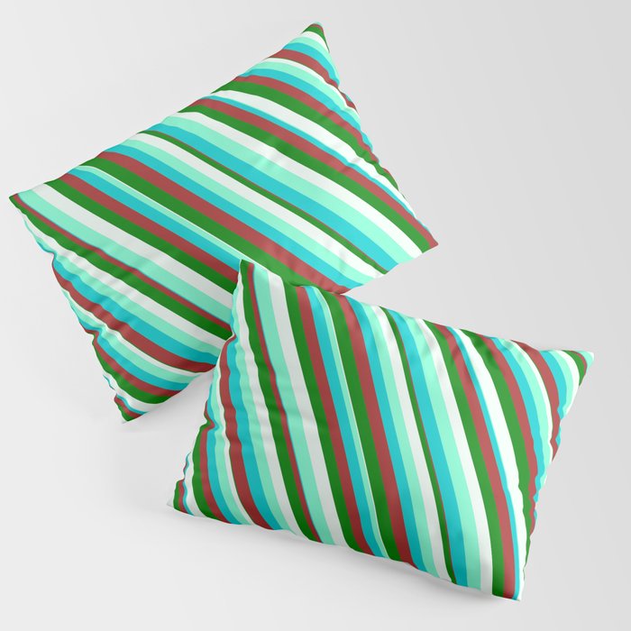 Eyecatching Aquamarine, Dark Turquoise, Brown, Green, and Mint Cream Colored Pattern of Stripes Pillow Sham