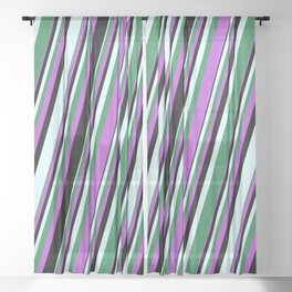 [ Thumbnail: Orchid, Black, Light Cyan, and Sea Green Colored Lined/Striped Pattern Sheer Curtain ]