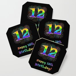 [ Thumbnail: 12th Birthday - Fun Rainbow Spectrum Gradient Pattern Text, Bursting Fireworks Inspired Background Coaster ]