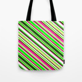 [ Thumbnail: Eye-catching Deep Pink, White, Lime, Tan & Dark Green Colored Lined/Striped Pattern Tote Bag ]