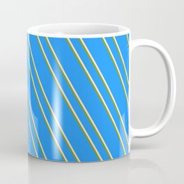 [ Thumbnail: Blue, Bisque & Green Colored Lines/Stripes Pattern Coffee Mug ]