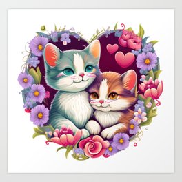 Feline Love: Designing Two Adorable Cats with Roses in a Heart Shape Art Print
