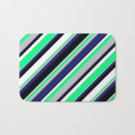 [ Thumbnail: Green, Grey, Midnight Blue, Black & White Colored Stripes Pattern Bath Mat ]