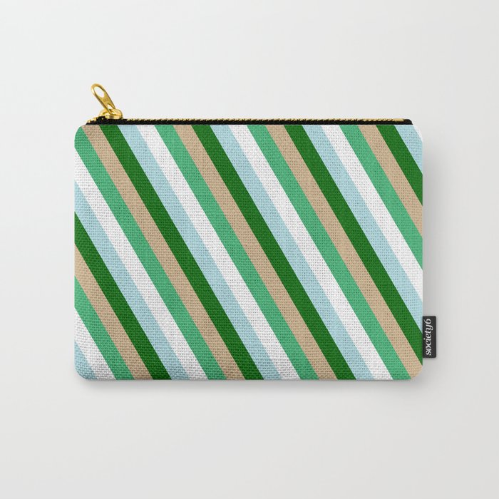 Eye-catching Tan, Sea Green, White, Powder Blue, and Dark Green Colored Pattern of Stripes Carry-All Pouch