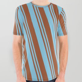[ Thumbnail: Sky Blue & Sienna Colored Lined/Striped Pattern All Over Graphic Tee ]