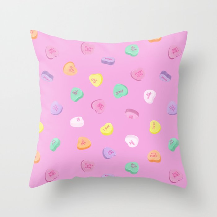 Valentines Day Candy Hearts Pattern - Pink Throw Pillow