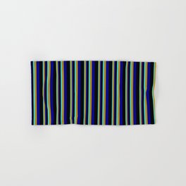 [ Thumbnail: Turquoise, Dark Goldenrod, Dark Blue & Black Colored Stripes Pattern Hand & Bath Towel ]