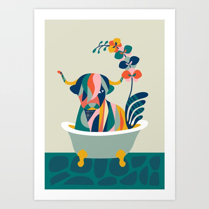 Mid Century Cow in bathtub with green background Art Print